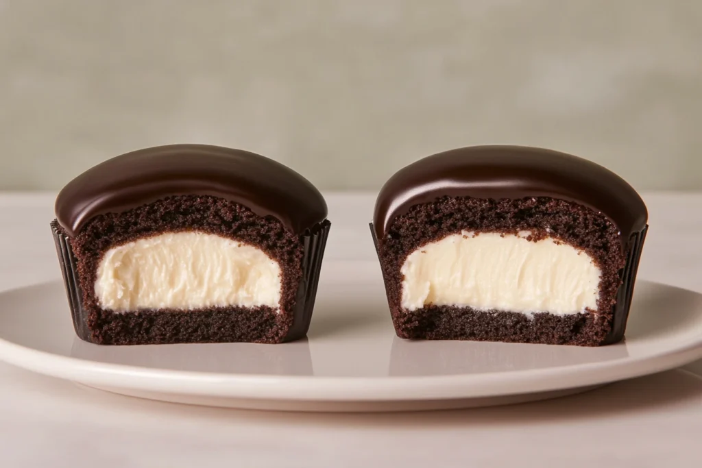 A close-up of two chocolate cupcakes cut in half, showing a creamy white filling inside and a glossy chocolate glaze on top, placed on a white plate.