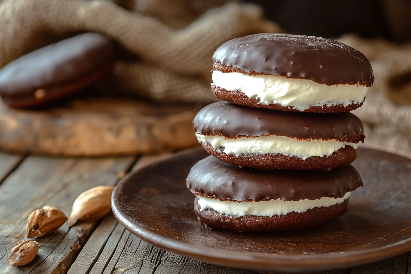 A stack of three chocolate-coated snack cakes with cream filling, placed on a rustic wooden plate, surrounded by wooden textures and natural lighting.