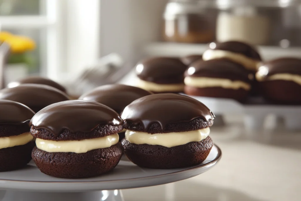 A plate of chocolate sandwich cakes with creamy vanilla filling, topped with glossy chocolate glaze, arranged in a bright kitchen setting.