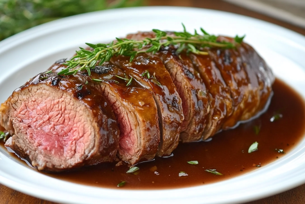 Sliced beef tenderloin drizzled with a rich, glossy sauce and garnished with fresh thyme on a white plate.