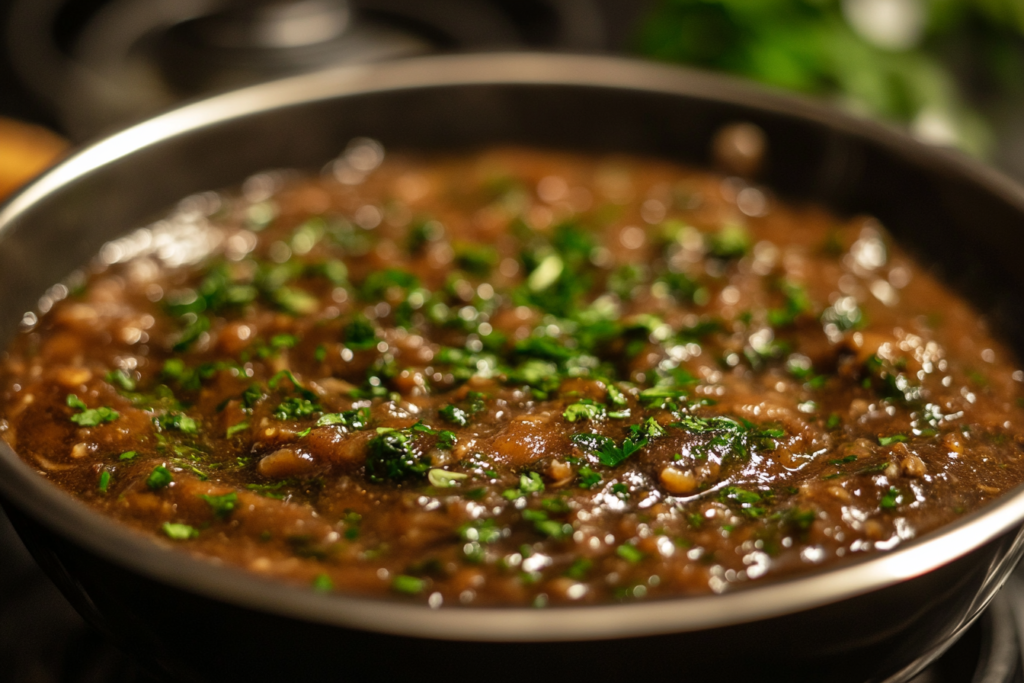 Rich brown sauce simmering in a pan, topped with freshly chopped parsley for a vibrant garnish.