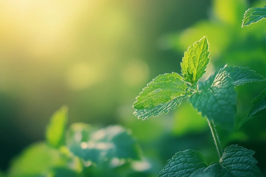 Close-up of fresh green lemon balm leaves glowing under sunlight in a natural garden setting.