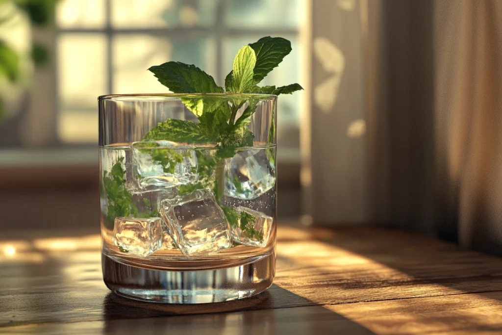 A refreshing glass of lemon balm water with ice cubes and fresh green leaves, placed on a wooden table near a sunlit window.