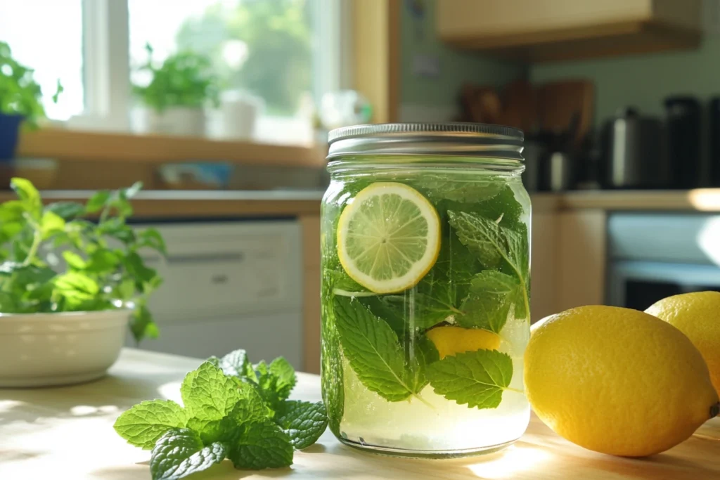 A glass jar filled with lemon balm water, fresh lemon slices, and mint leaves, placed on a kitchen counter with bright natural light.