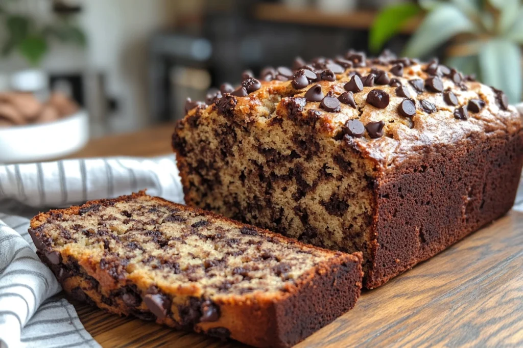 A freshly baked chocolate chip banana bread loaf with a golden brown crust, topped with melted chocolate chips. A thick slice is cut and placed on a wooden table, showing the moist, chocolate-filled interior. Carbs in chocolate chip banana bread