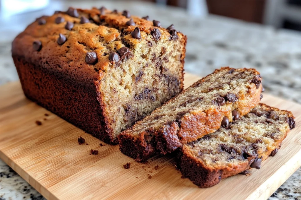 A freshly baked chocolate chip banana bread on a wooden cutting board, with a golden brown crust and melted chocolate chips. Two slices are cut, revealing a moist, fluffy interior filled with chocolate chips.