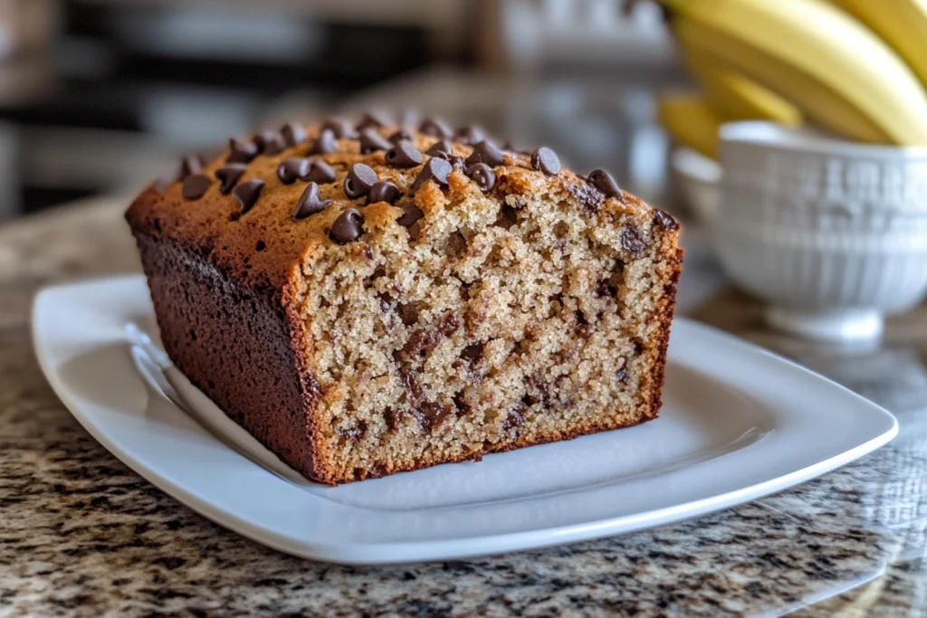 A freshly baked chocolate chip banana bread loaf on a white plate, with a golden brown crust and scattered chocolate chips on top. The moist, fluffy interior is filled with melted chocolate chips, with a bunch of ripe bananas in the background.