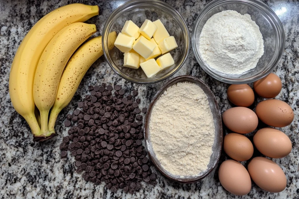 A top-down view of baking ingredients for chocolate chip banana bread, including ripe bananas, chocolate chips, butter cubes, eggs, and two types of flour, all arranged on a granite countertop.