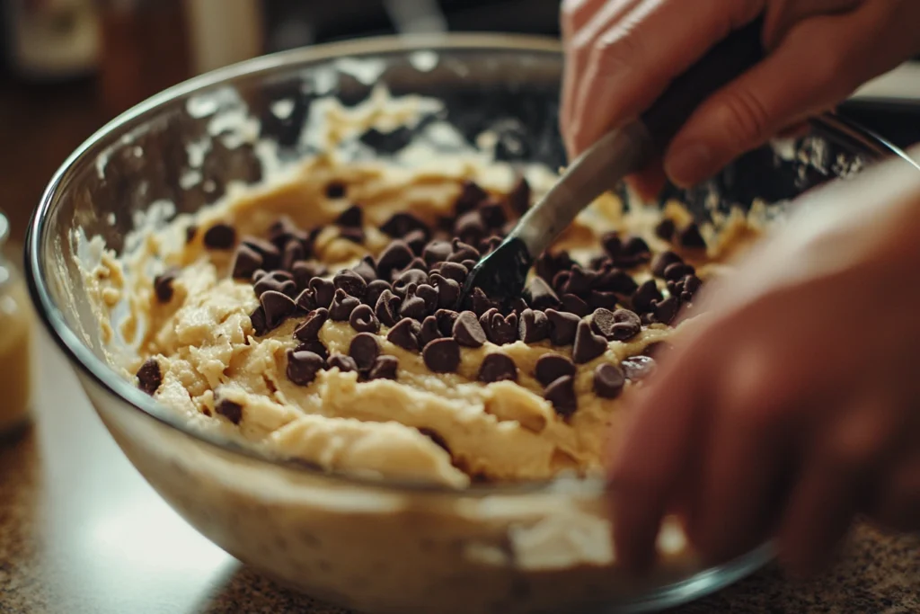 A close-up of hands folding chocolate chips into banana bread batter in a glass mixing bowl using a spatula.