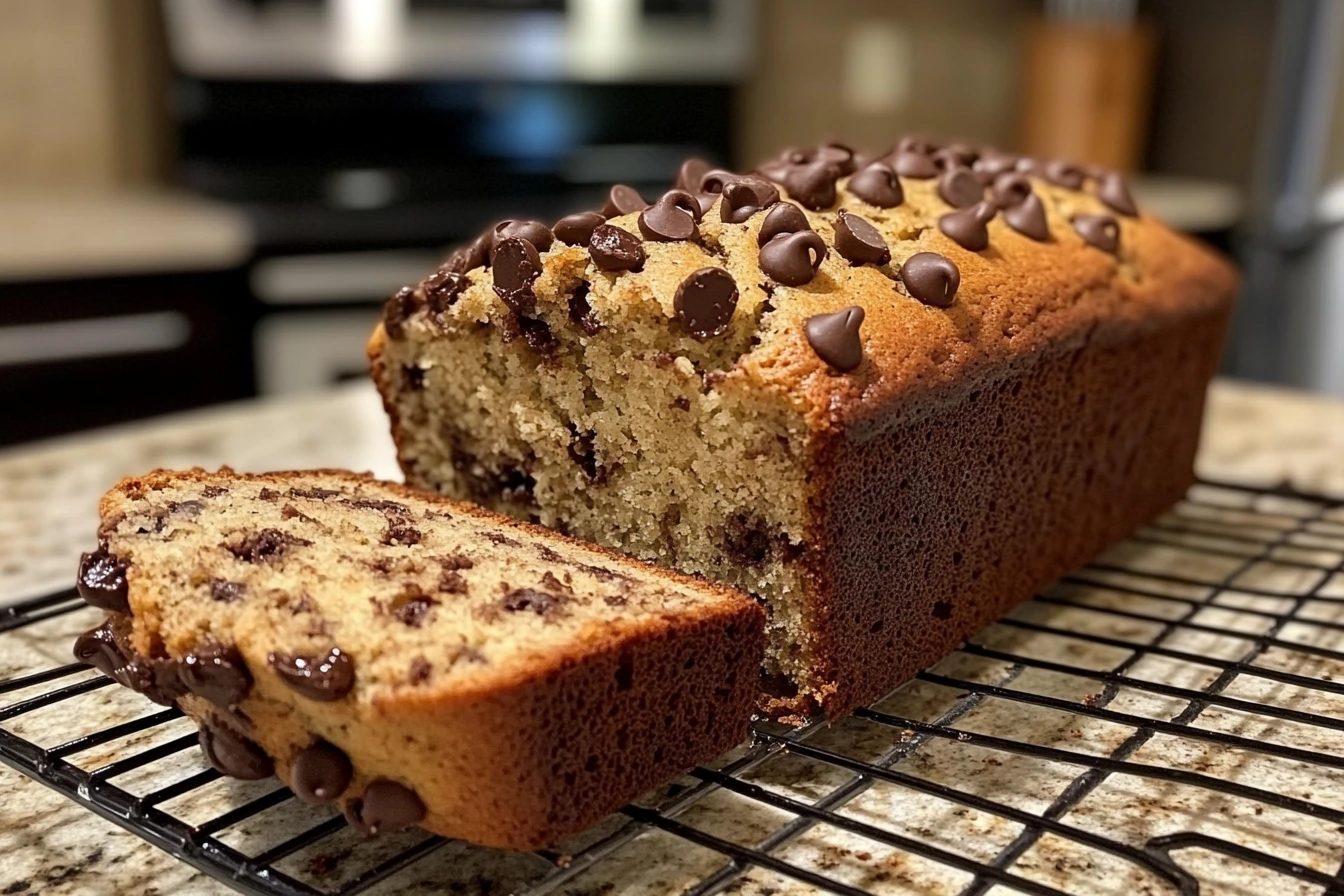 A freshly baked chocolate chip banana bread loaf on a cooling rack, with a slice cut to reveal its moist texture and rich chocolate chips.