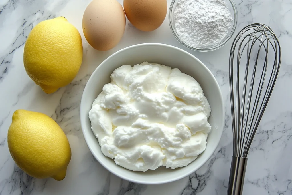 Ingredients for cloud cake on a marble countertop, including lemons, eggs, Greek yogurt in a bowl, powdered sugar in a small glass bowl, and a metal whisk.