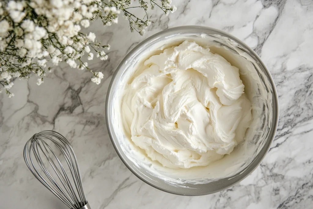 A bowl of freshly whipped cream with smooth, fluffy peaks, placed on a marble countertop next to a metal whisk and delicate white flowers.