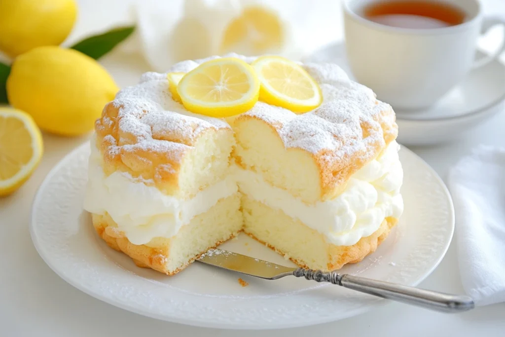 A fluffy cloud cake dusted with powdered sugar, filled with whipped cream, and topped with lemon slices, served on a white plate with a cup of tea.