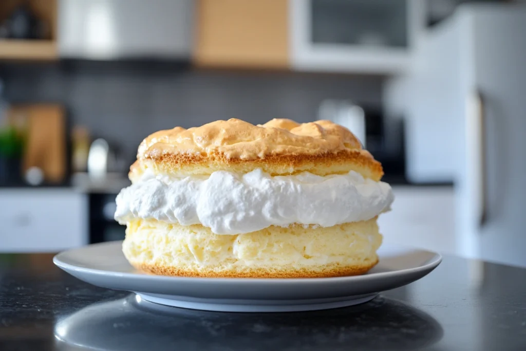 A tall and fluffy cloud cake with a golden-brown crust and a generous layer of whipped cream in the center, placed on a white plate in a modern kitchen.