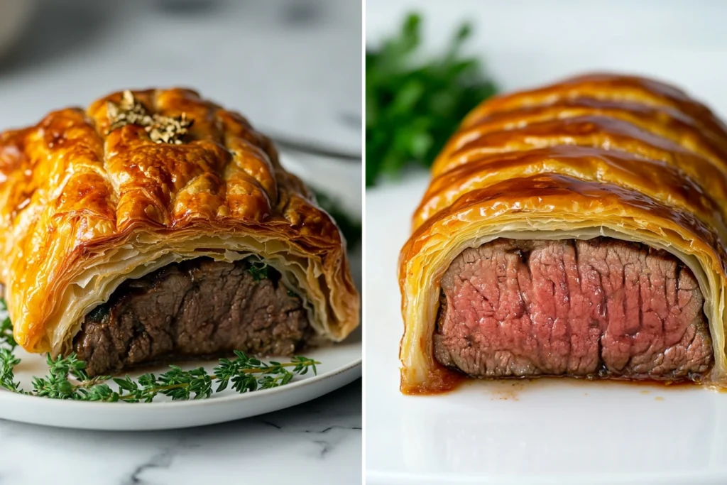 Golden brown Beef Wellington with flaky puff pastry and tender beef center, garnished with fresh thyme, displayed on a white plate.