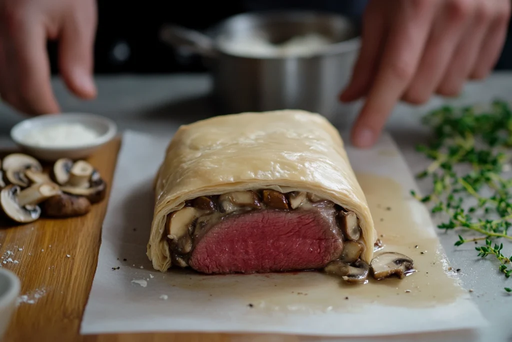 Partially assembled Beef Wellington with a layer of mushrooms and raw puff pastry wrapping, showing the preparation process.