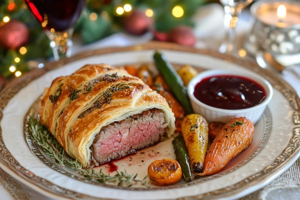 Beef Wellington served with roasted vegetables and a side of red sauce on an elegant holiday table setting.