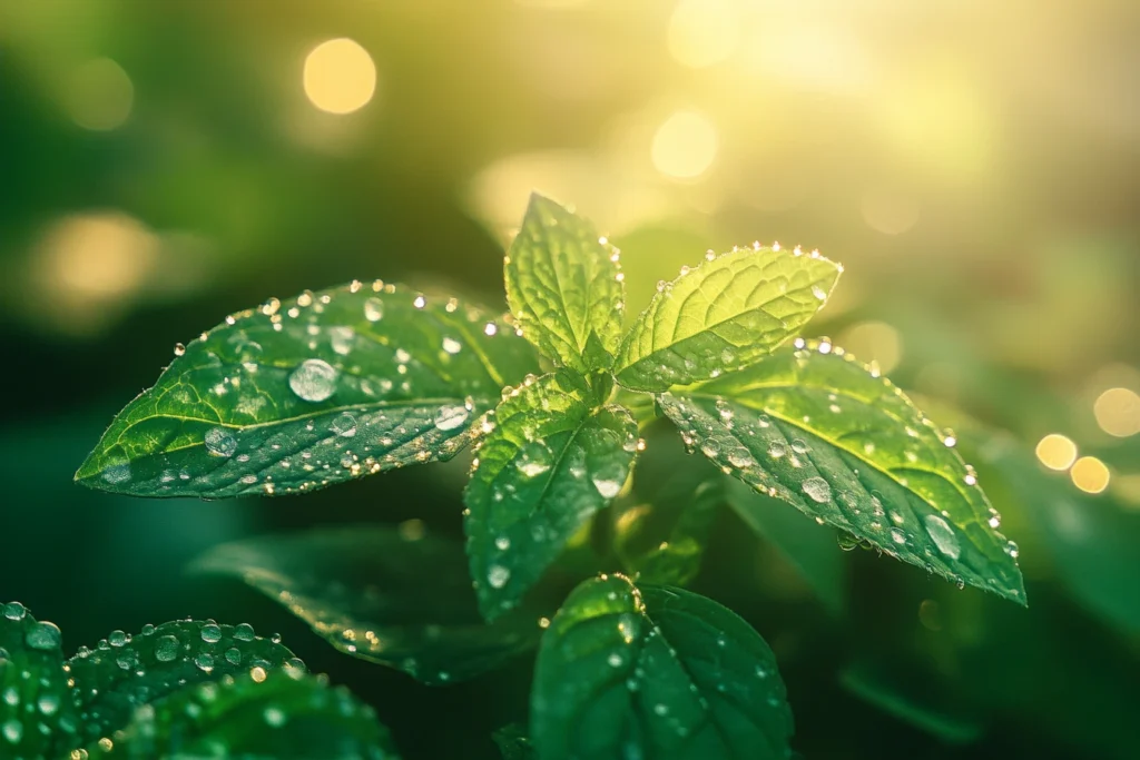 Close-up of fresh lemon balm leaves with dewdrops glistening in the sunlight.