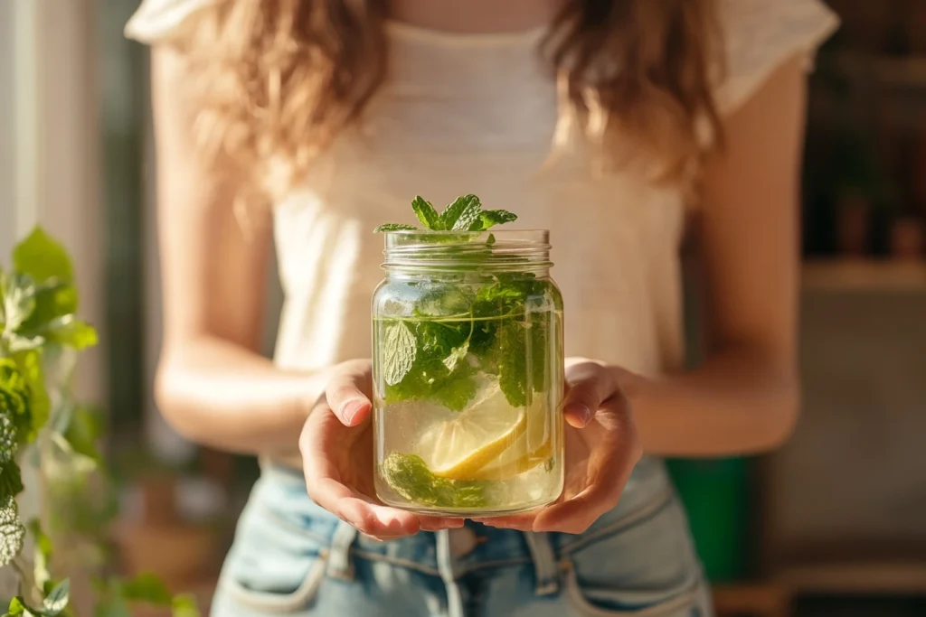 A woman holding a mason jar filled with lemon balm-infused water, fresh lemon slices, and mint leaves.