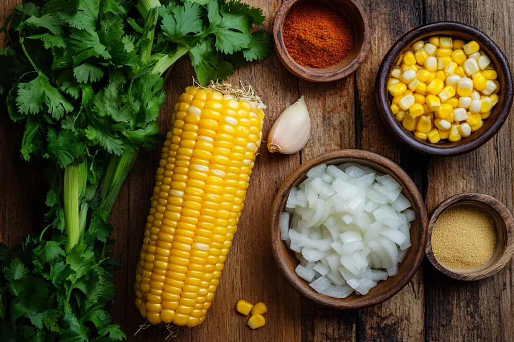 Fresh ingredients for El Salvadoran corn soup, including a whole ear of corn, chopped onions, garlic, cilantro, corn kernels, and spices on a rustic wooden surface.