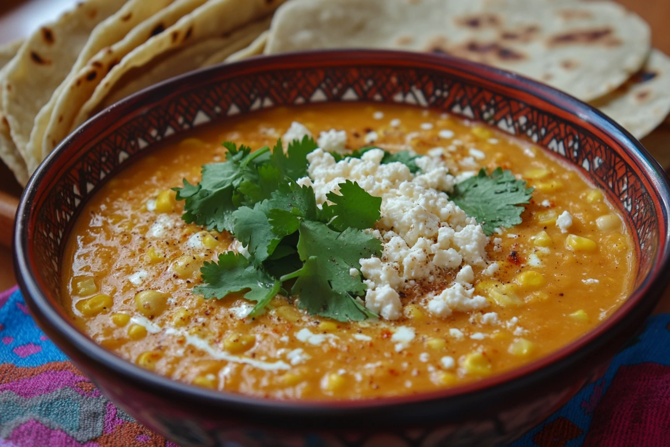 A bowl of traditional El Salvadoran corn soup garnished with fresh cilantro and crumbled cheese, served with warm tortillas on the side.