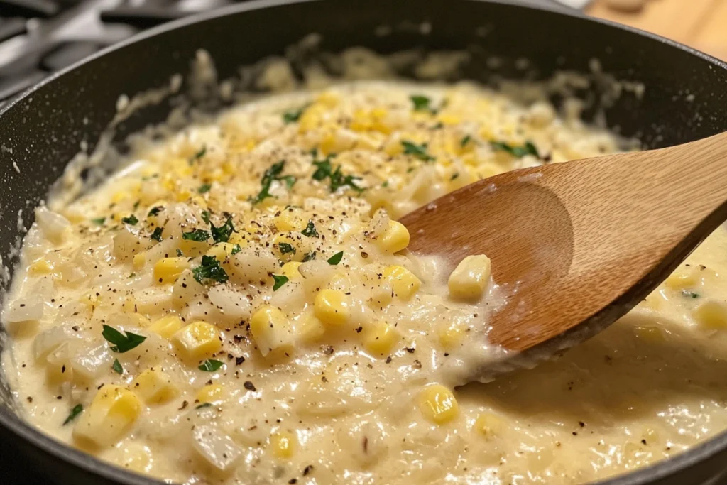 Creamy El Salvadoran corn soup simmering in a pan, with onions, corn kernels, and herbs, stirred with a wooden spoon.