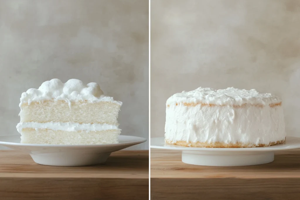 A slice of fluffy white cloud cake and a whole cloud cake on white plates, showcasing their light texture and creamy frosting.