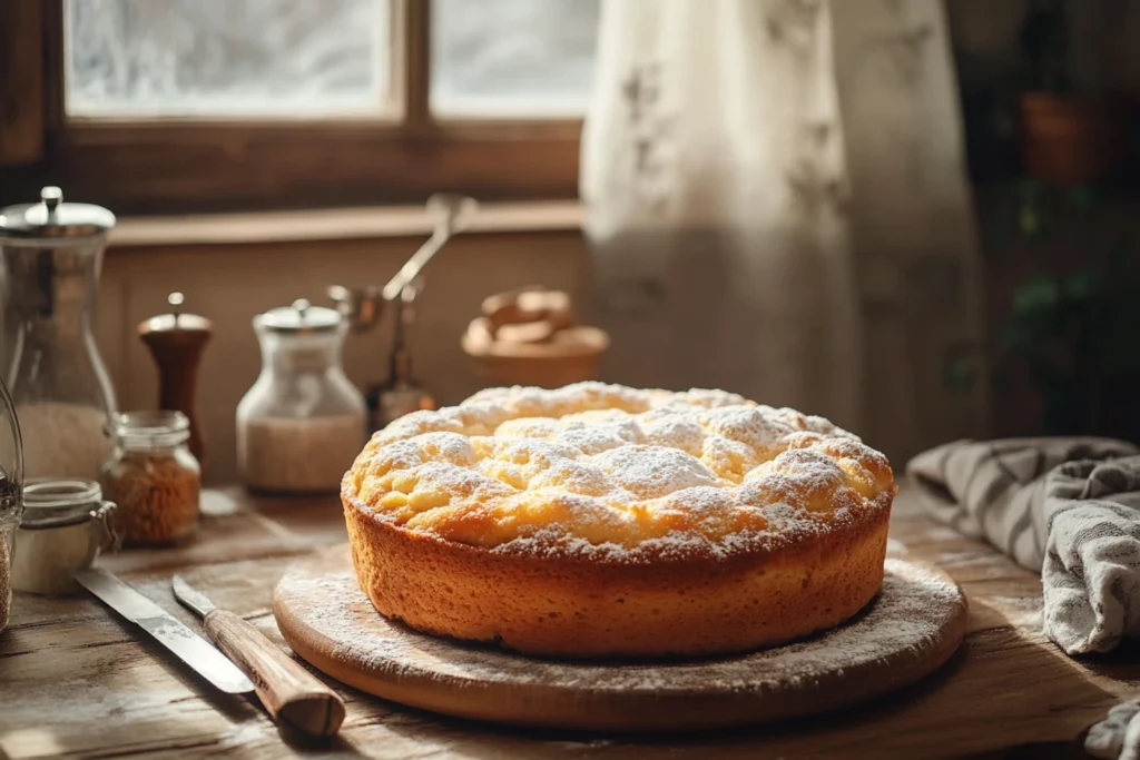 A freshly baked golden cloud cake dusted with powdered sugar, sitting on a wooden board in a cozy kitchen setting with natural light.