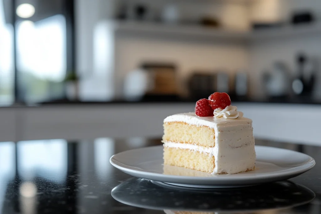 A slice of vanilla layer cake with white frosting and fresh raspberries on top, served on a white plate in a modern kitchen.