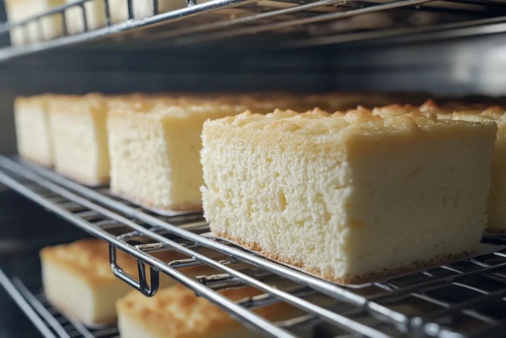 Freshly baked sponge cake squares cooling on wire racks in a bakery setting.