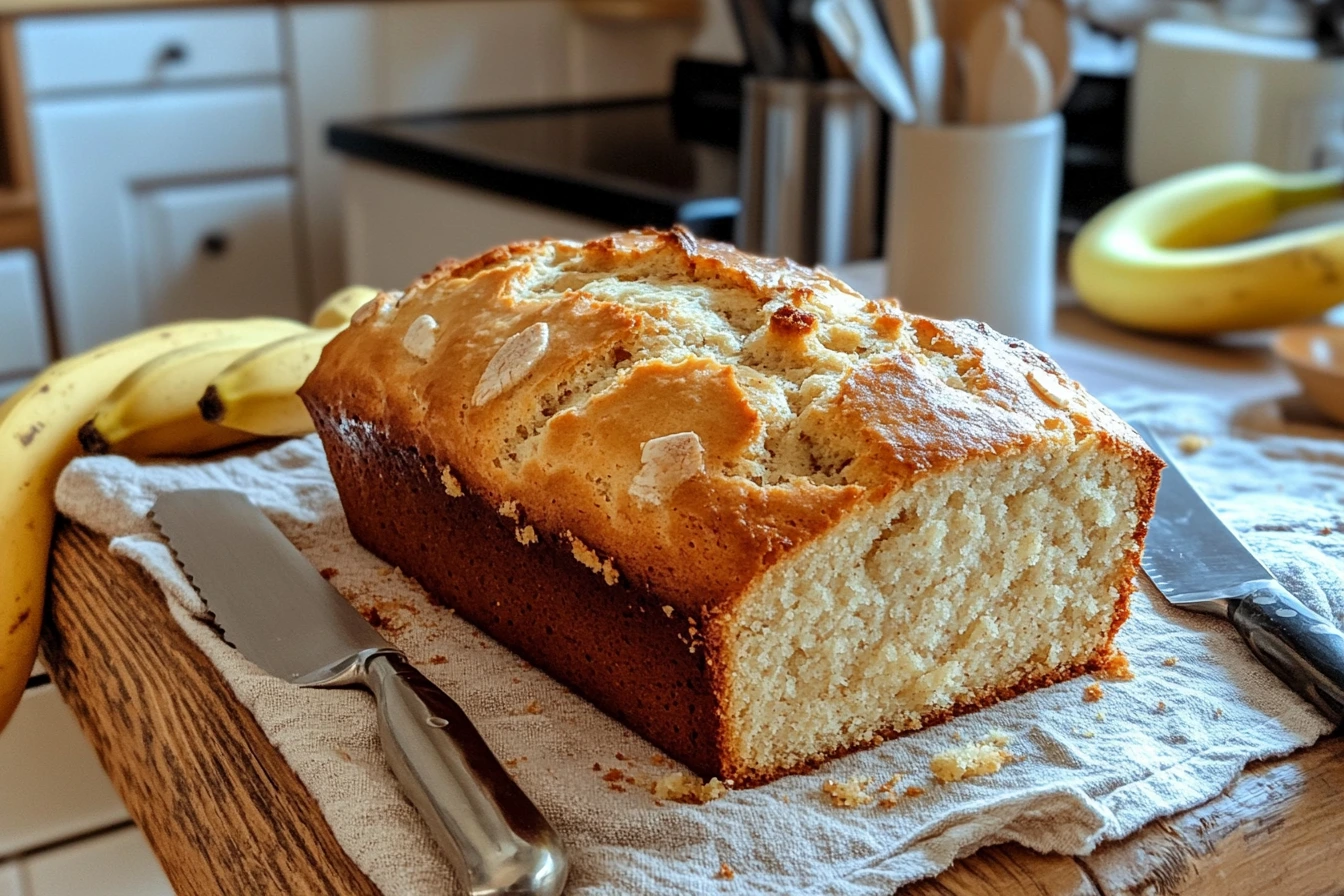 A freshly baked loaf of banana bread with a golden-brown crust, sliced open to reveal a soft, moist interior, placed on a wooden cutting board with a serrated knife beside it. Ripe bananas and a cozy kitchen setting are visible in the background.How long does banana bread last