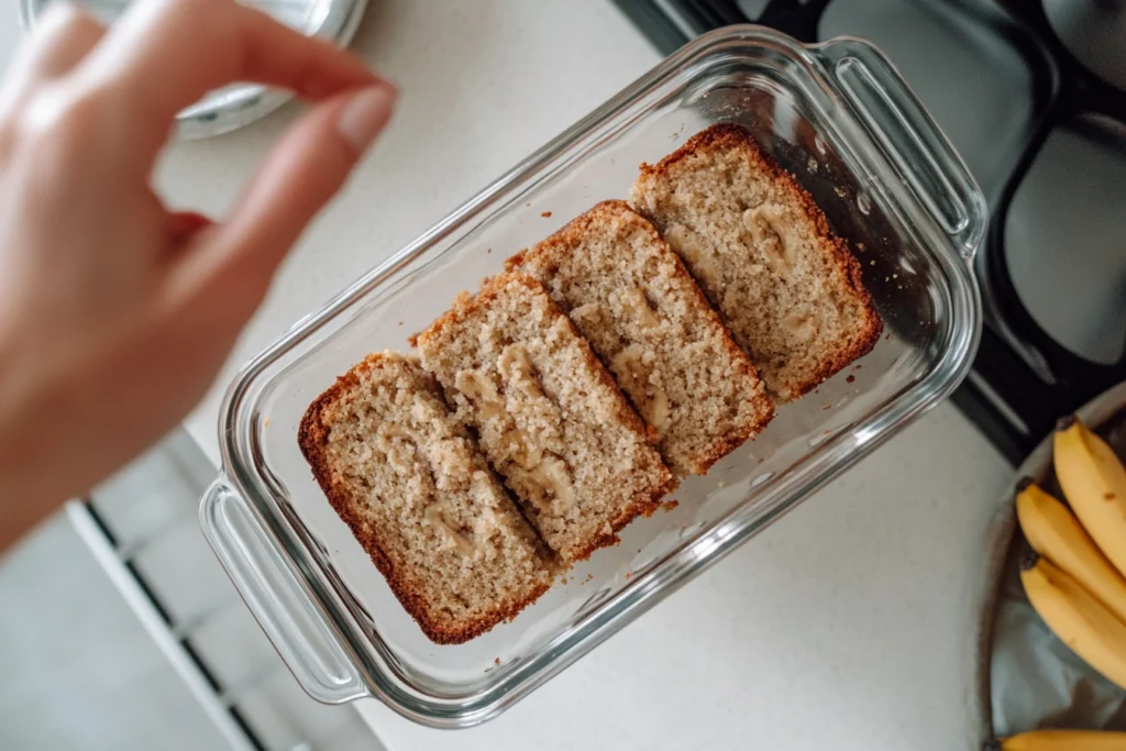 A delicious homemade banana bread loaf sits on a rustic wooden cutting board, showcasing its moist texture and golden crust. A serrated knife rests beside it, with a few crumbs scattered on a linen cloth. Ripe bananas and a warm, inviting kitchen scene complete the background, adding to the cozy, homemade feel of this baked treat. Ideal for enjoying fresh or storing for later!