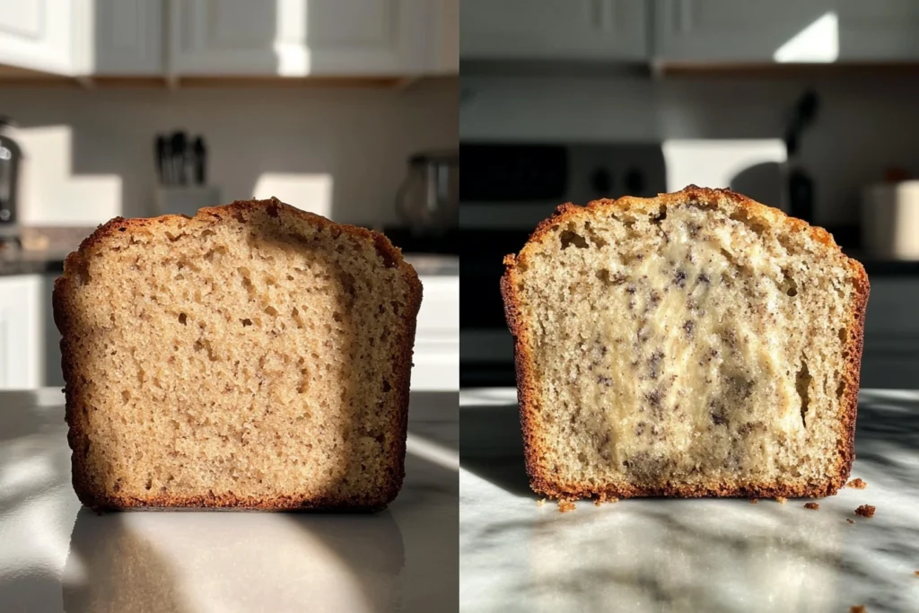 A side-by-side comparison of two slices of banana bread, one fully baked with a firm texture on the left and another underbaked with a mushy, dense center on the right. Both are placed on a kitchen countertop with natural sunlight casting shadows.