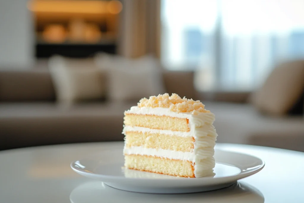 A slice of fluffy three-layer cloud cake with white frosting and crumb topping, served on a white plate against a blurred modern indoor background.