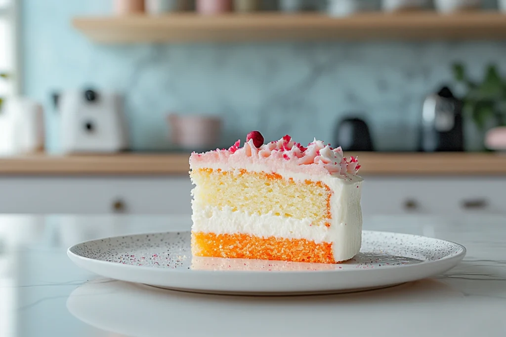 A colorful slice of layered cloud cake with white, orange, and pink layers, topped with pink frosting and a red berry garnish, on a speckled plate in a modern kitchen setting.How Many Calories Are in a Slice of Cloud Cak