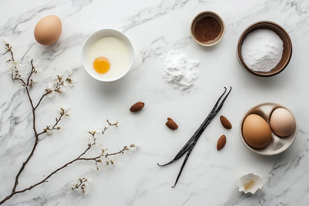 A flat lay of baking ingredients, including eggs, sugar, vanilla beans, almonds, and flour, arranged aesthetically on a white marble surface with cherry blossom branches.