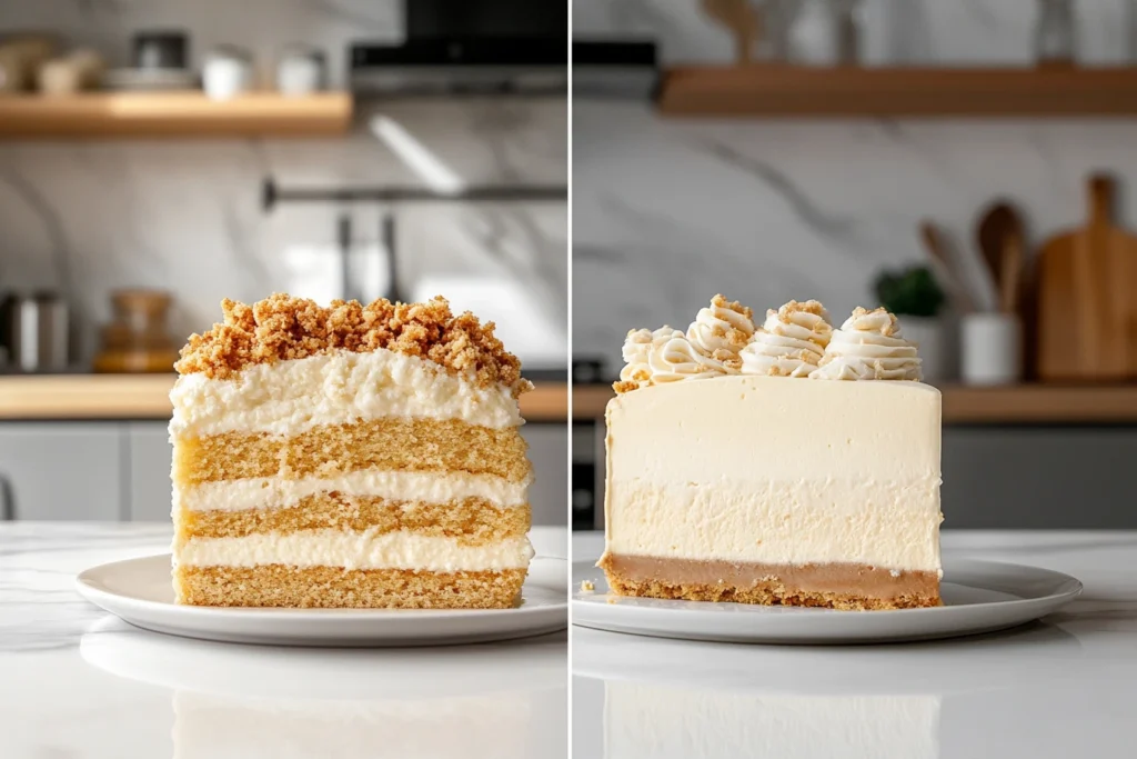 How Many Calories Are in a Slice of Cloud Cake: A side-by-side comparison of a light and fluffy cloud cake with crumb topping and a rich, dense cheesecake with whipped cream decoration, set in a modern kitchen with natural lighting.