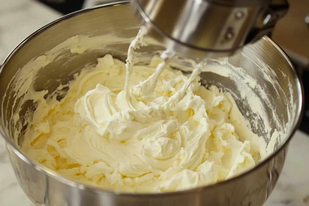 A mixing bowl filled with freshly whipped cream frosting, showing soft, airy peaks, with a stand mixer attachment above