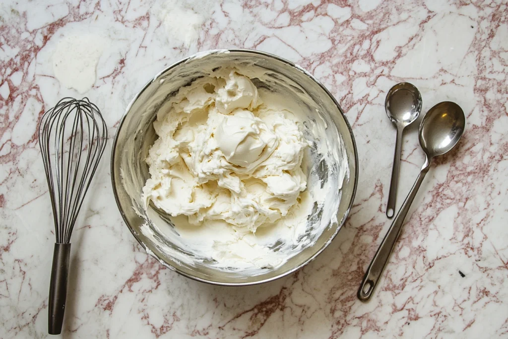 A bowl of whipped cream frosting on a marble countertop, surrounded by a whisk and spoons for baking.