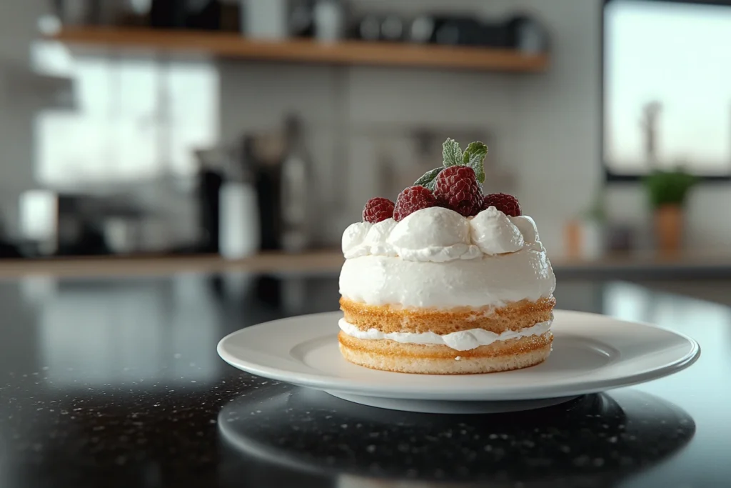 A small layered cloud cake topped with fresh raspberries and mint leaves, sitting on a white plate in a modern kitchen.