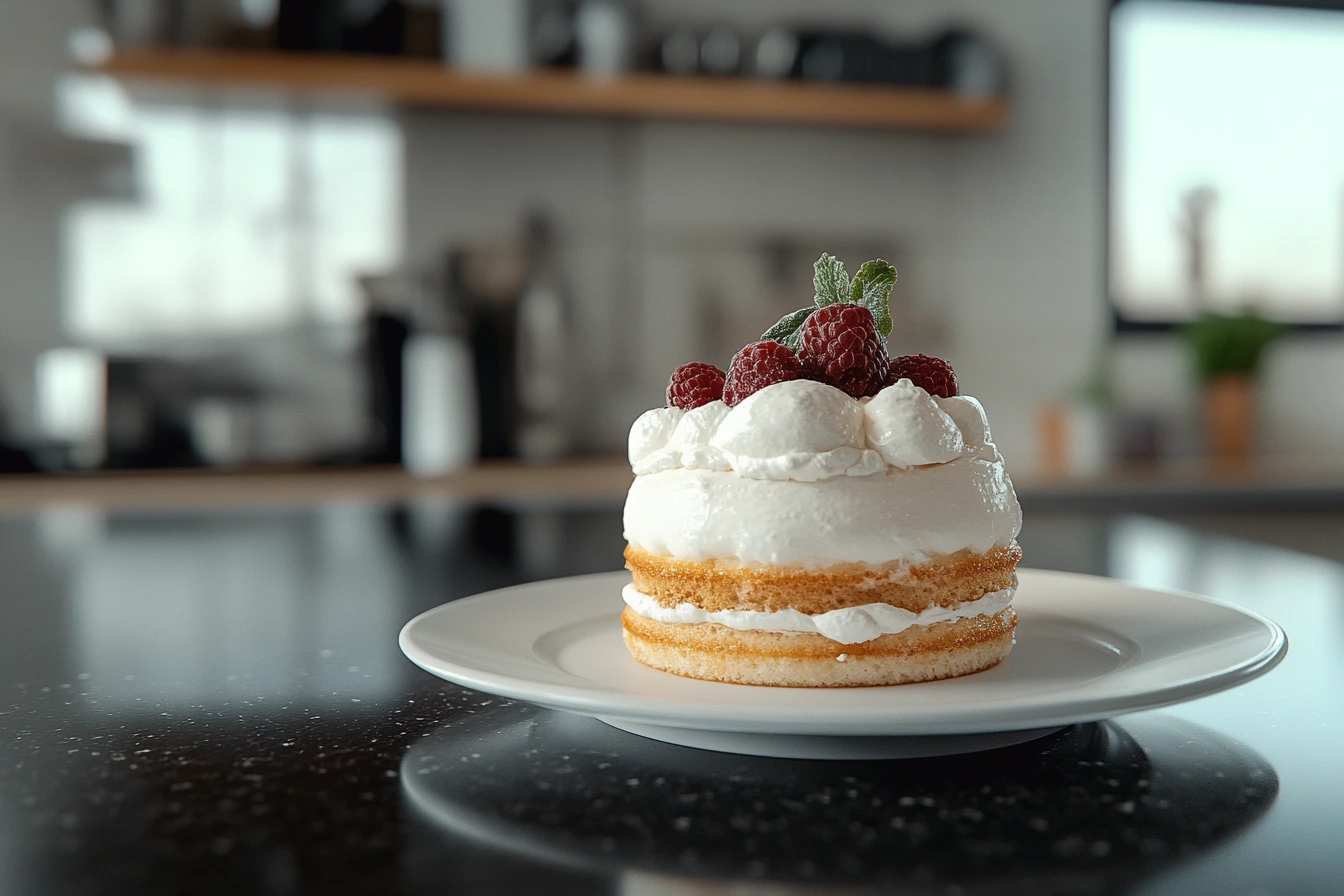 A small layered cloud cake topped with fresh raspberries and mint leaves, sitting on a white plate in a modern kitchen.