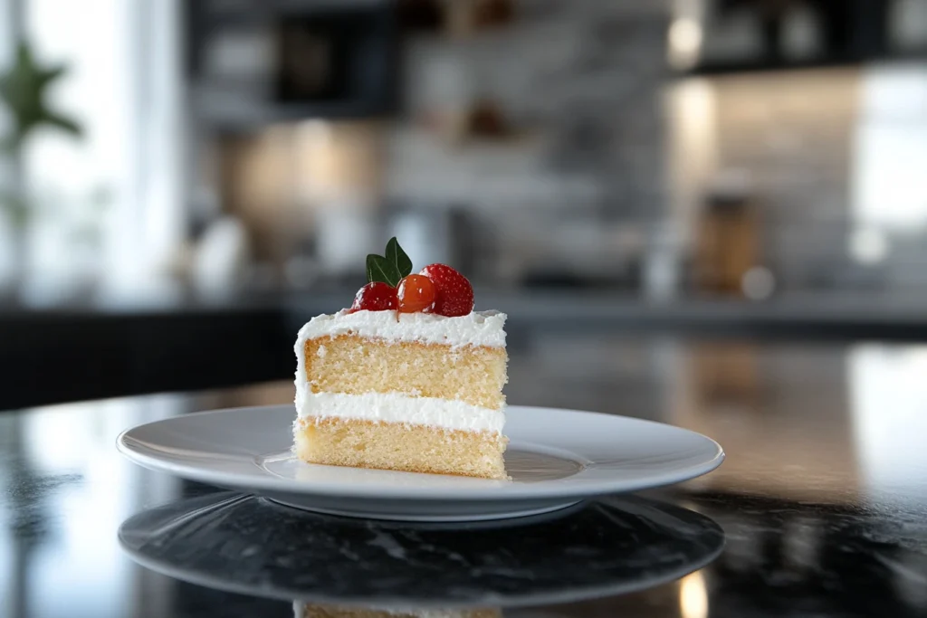 A slice of cloud cake with layers of whipped cream and a topping of strawberries and cherries on a white plate.