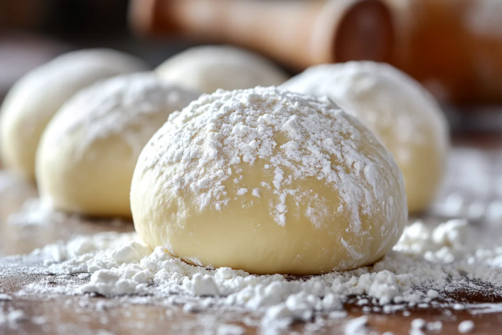 Close-up of fresh dough balls dusted with flour, ready for baking, with a rolling pin in the background.