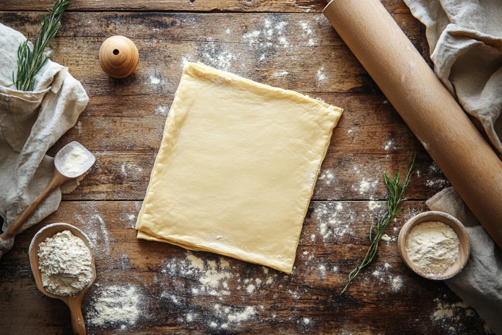 Square sheet of puff pastry on a floured wooden surface, surrounded by a rolling pin, flour, rosemary, and rustic kitchen tools.