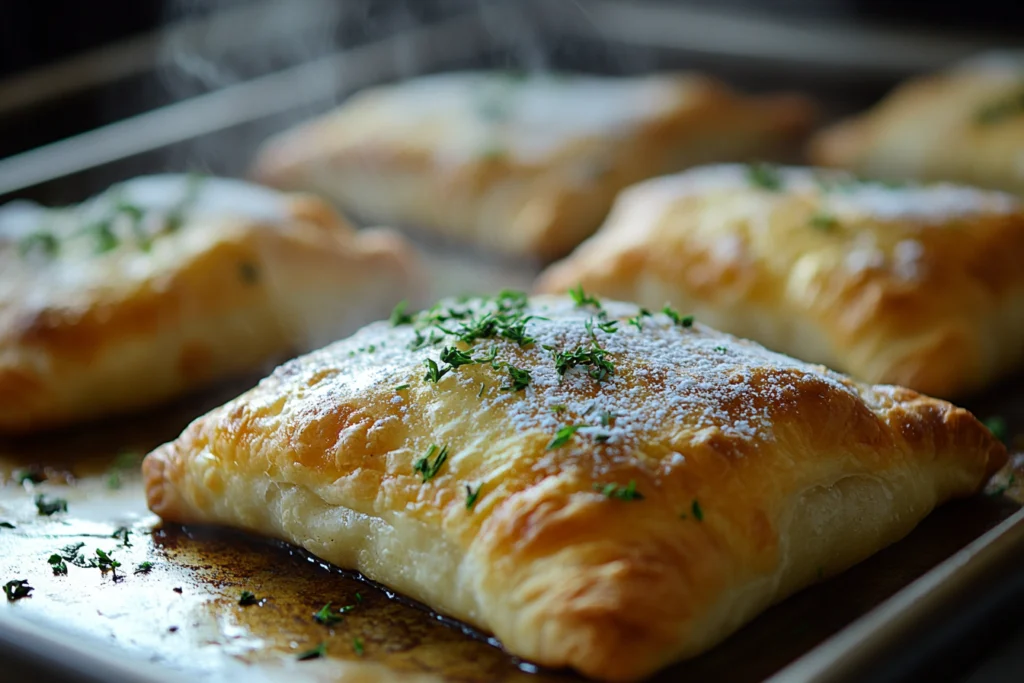 Golden puff pastry turnovers sprinkled with powdered sugar and fresh herbs, steaming fresh out of the oven.