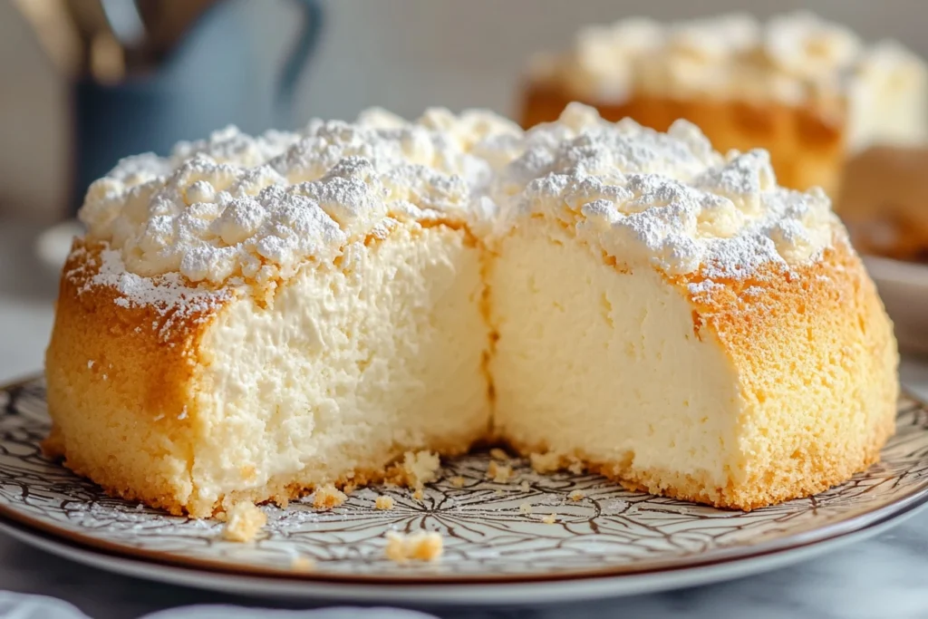 A soft and fluffy clouds cake dusted with powdered sugar on a decorative plate. The cake is sliced to reveal its creamy, airy interior.