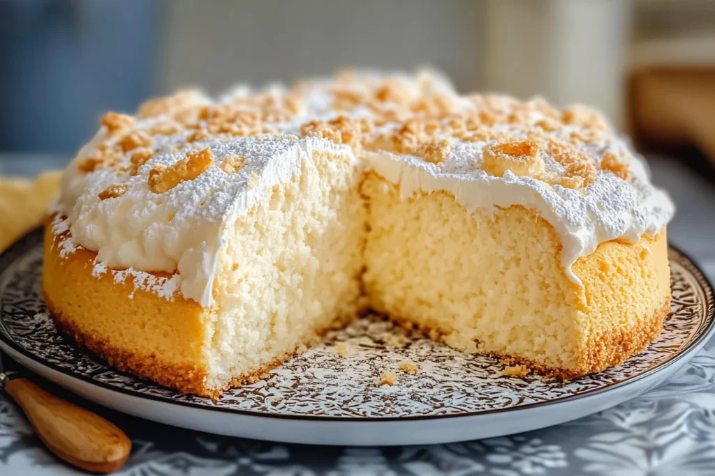 A fluffy clouds cake topped with whipped cream, powdered sugar, and crunchy crumble pieces, served on a patterned plate with a slice removed.