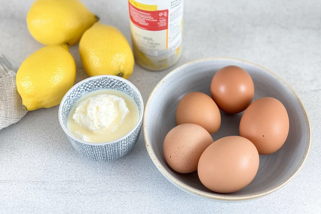 Fresh lemons, a bowl of eggs, and a small bowl of ricotta cheese with condensed milk placed on a light countertop, ready for baking.