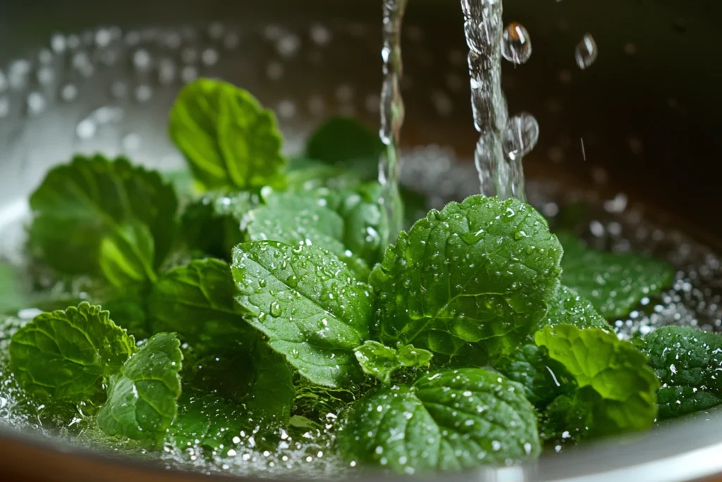 Fresh lemon balm leaves being rinsed under running water with droplets glistening on the green leaves.