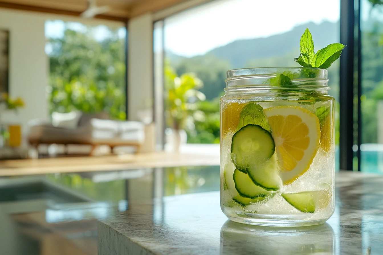 A glass jar filled with lemon balm detox water, cucumber slices, lemon rounds, and mint leaves placed on a sunlit marble counter.